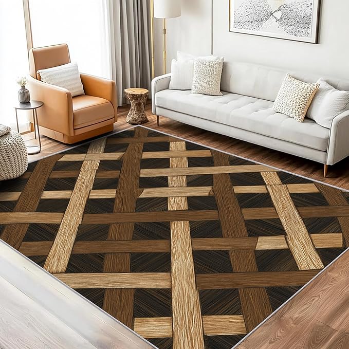 Checkered Rug, Washable 5x6 Rug for Living Room, Wood Grain Patterned Indoor Carpet, Checkered Geometric Decor for Home, Bedroom, Soft Non Slip Thin Design FER27