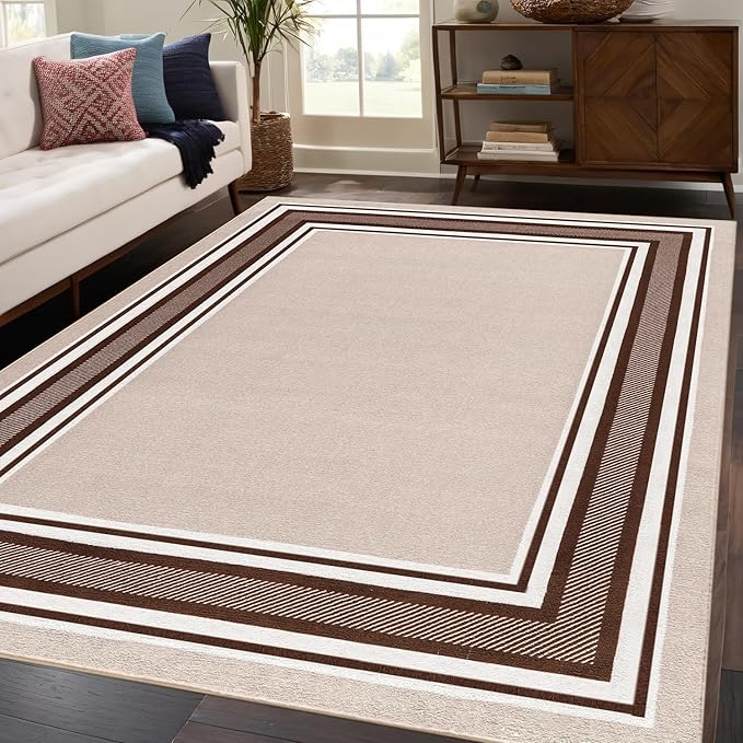 Beverly Rug Non Slip Area Rugs 8x10 Modern Bordered Non Skid Rubber Backing Soft Area Rug for Living Dining Room Easy to Clean Non Shedding Kitchen Bedroom Indoor Carpet 8 x 10 Beige-Brown