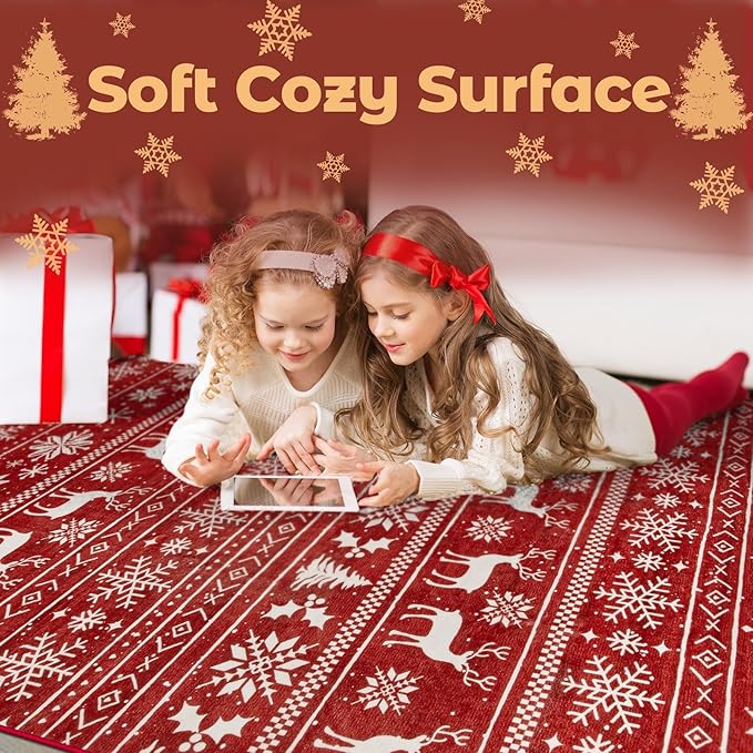 Christmas Runner Rug 2x6 Washable Rugs, Boho Christmas Tree Snowflake Rug Non-Slip Soft Low Pile Non Shedding Indoor Holiday Decor Carpet for Bedroom Bathroom Laundry Staircase Foyer (Xmas Red, 2'x6')