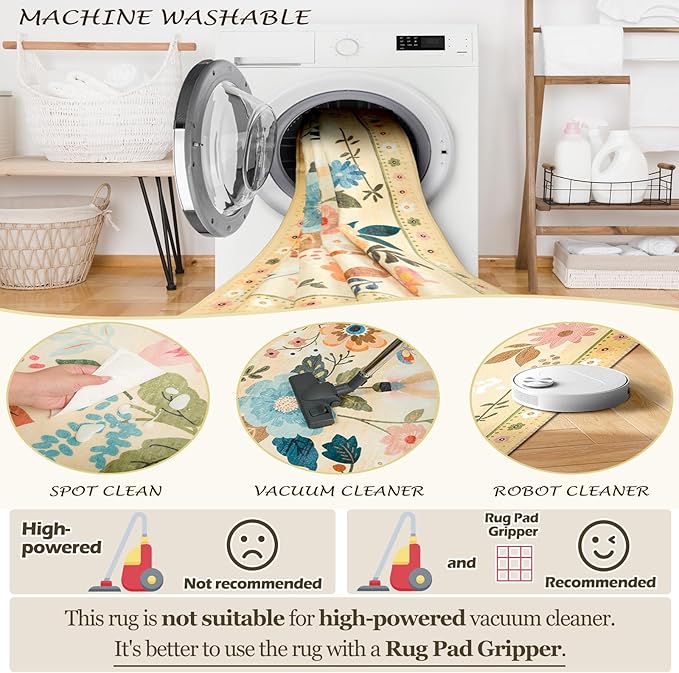 Floral 5x7 Area Rug Machine Washable Soft Print Boho Carpet Non Slip Doormat Low Pile Flower Area Rugs for Living Room Bedroom Nursery Kitchen Dining Room Indoor-Ivory/Yellow