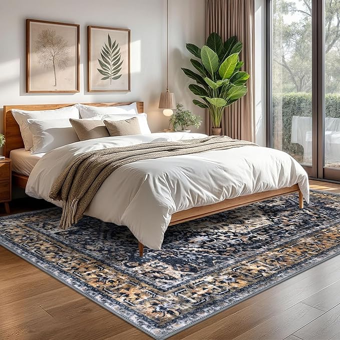 KOZYFLY Boho Area Rug 6x9 Ft Thin Rugs for Living Room Washable Bedroom Rug Non Slip Rugs for Living Room Gold Navy Printed Faux Wool Vintage Bedroom Rug Floor Carpet for Dining Room