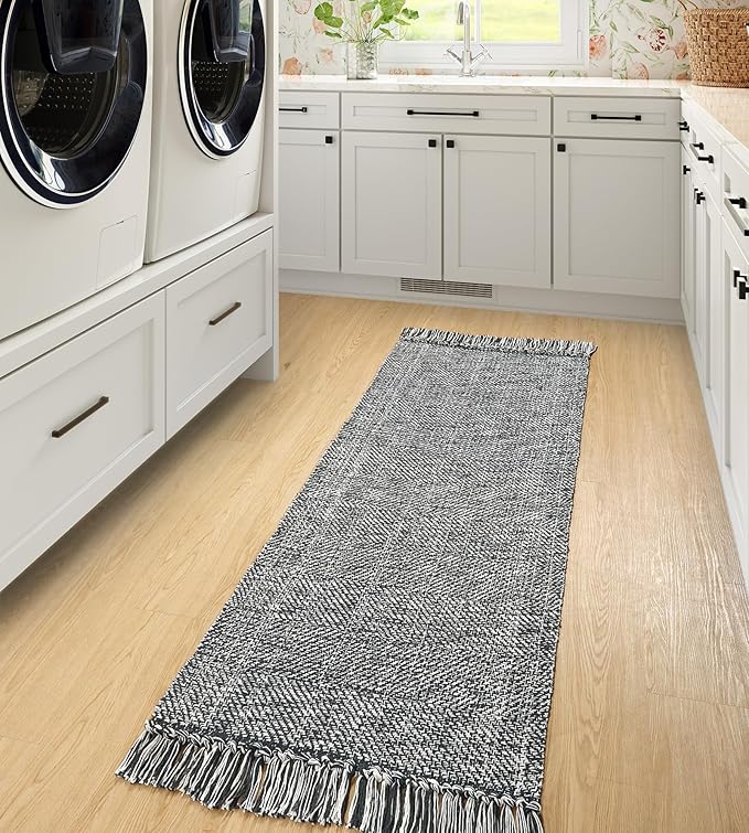 Collive Hallway Runner Rug, 2' x 5' Soft Washable Kitchen Runner Rug, Grey Contemporary Modern Laundry Room Rugs Indoor Hand-Woven Cotton Carpet for Bedroom Entryway Front Door Farmhouse