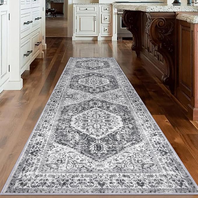 KOZYFLY Long Runners for Hallways 3x10 Ft Washable Kitchen Runner Rug Boho Runner Rug for Entryway Indoor Printed Faux Wool Stair Runner Floor Carpet for Stair Kitchen Hall, Grey