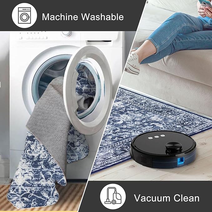 KILOCOCO Area Rug 5ft Round Living Room Rug Washable Printed Vintage Floral Bedroom Rugs Non Slip Entryway Rugs for Kitchen Dining Room Laundry Room Playroom, Blue