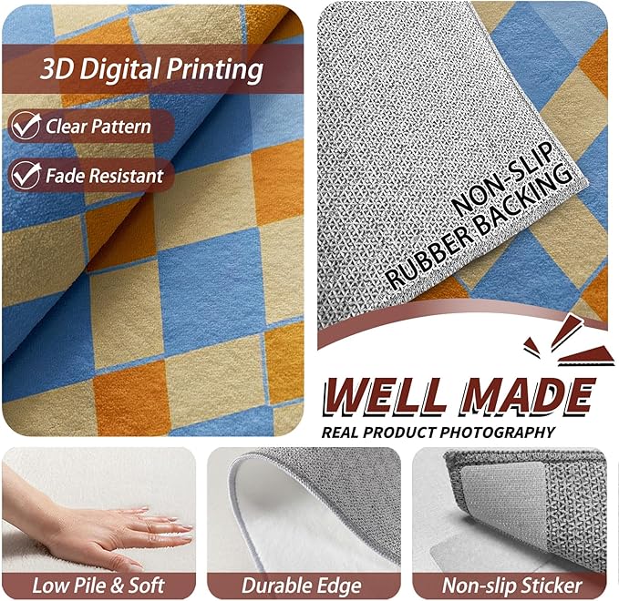 6x9 Rug Washable - Checkerboard Rug for Bedroom, Retro Geometric Non Slip Low Pile Area Rugs for Living Room, Checkerboard Carpets Home Decor & Gifts