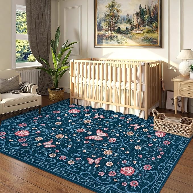 GarveeHome 3x5 Small Area Rug for Bedroom Floral Washable Rugs Non Slip Stain Resistant Living Room Throw Carpet Low Pile Dining Room Blue Area Rug Butterfly Bow Rugs for Nursery Home Decor, 3x5