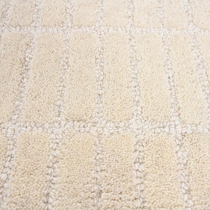 Hand-Tufted 100% Wool Area Rug – Unique Modern Geometric Grid Pattern, Soft Plush Textured Carpet for Living Room, Bedroom, Dining Room & Entryway (Beige, 7' Round)