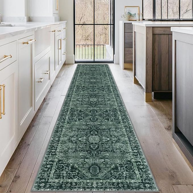 KOZYFLY Long Runners for Hallways 2x10 Ft Washable Kitchen Runner Rug Boho Style Entryway Rug Indoor Printed Faux Wool Stair Runner Carpet for Stairs Bedroom Kitchen Hall, Dark Green