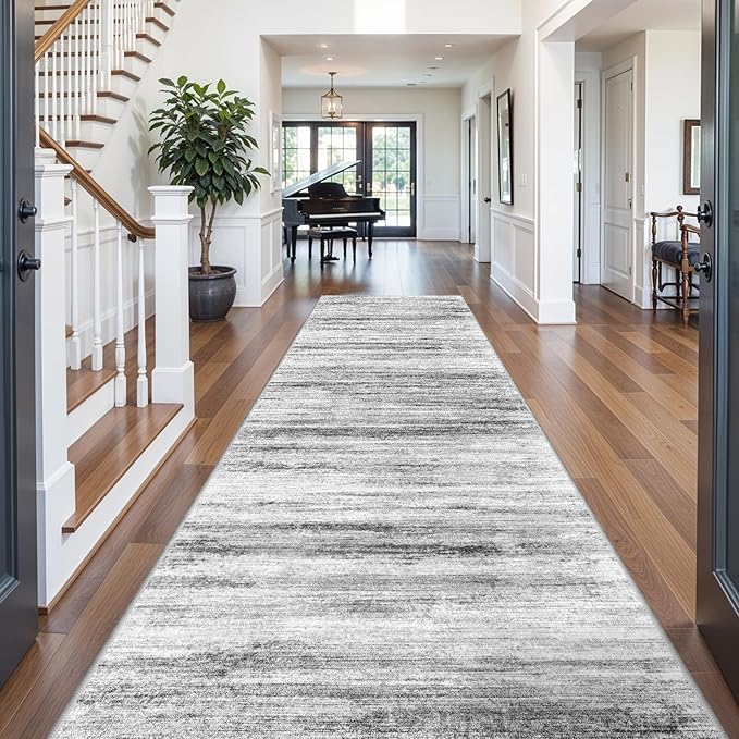 Large Runner Rugs for Hallway 4x18: Non-Slip Washable Wide Carpet - Soft Low-Pile Stain and Spill Resistant Rug for Entryway Living Room Dining Room Balcony Garage Office Grey
