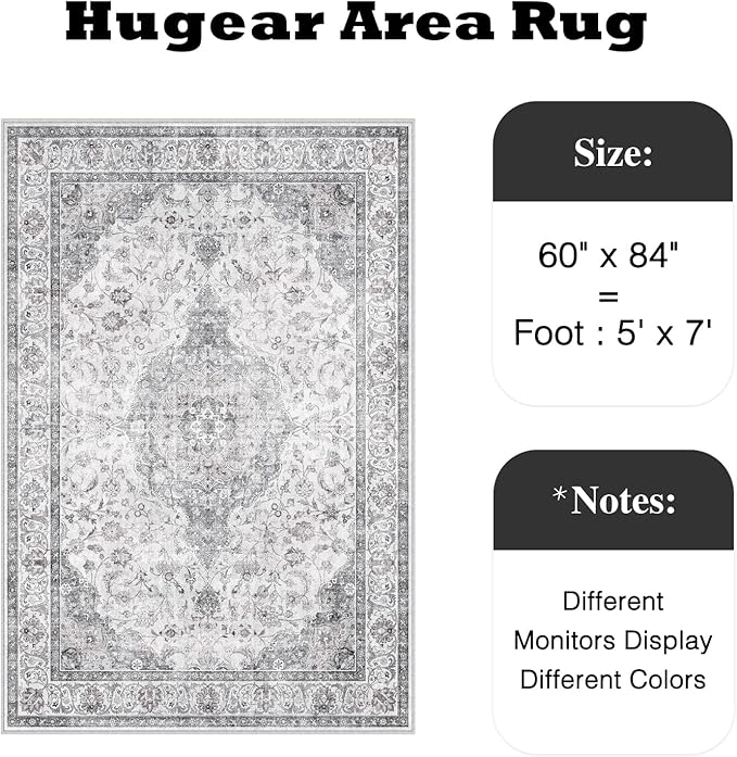 HUGEAR Area Rug 5x7 Vintage Grey Machine Washable Living Room Rugs Thin Neutral Floral Vacuumable Low Pile Carpet Bedroom Office Dining Room Laundry Room Non Slip Soft Lightweight