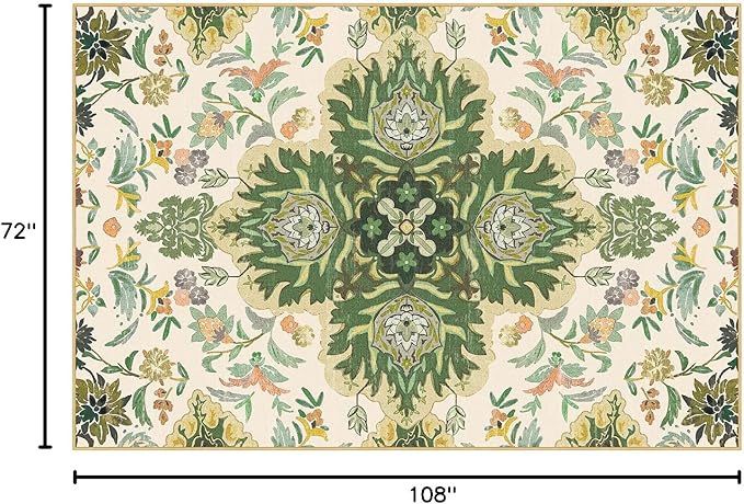 Phantoscope Washable Area Rug 6'x9' Non-Slip, Vintage Boho Rugs for Living Room, Bedroom, Dining Room, Neutral Green Floral Medallion Pattern, Low-Pile Foldable Floor Carpet, Forest Green/Cream