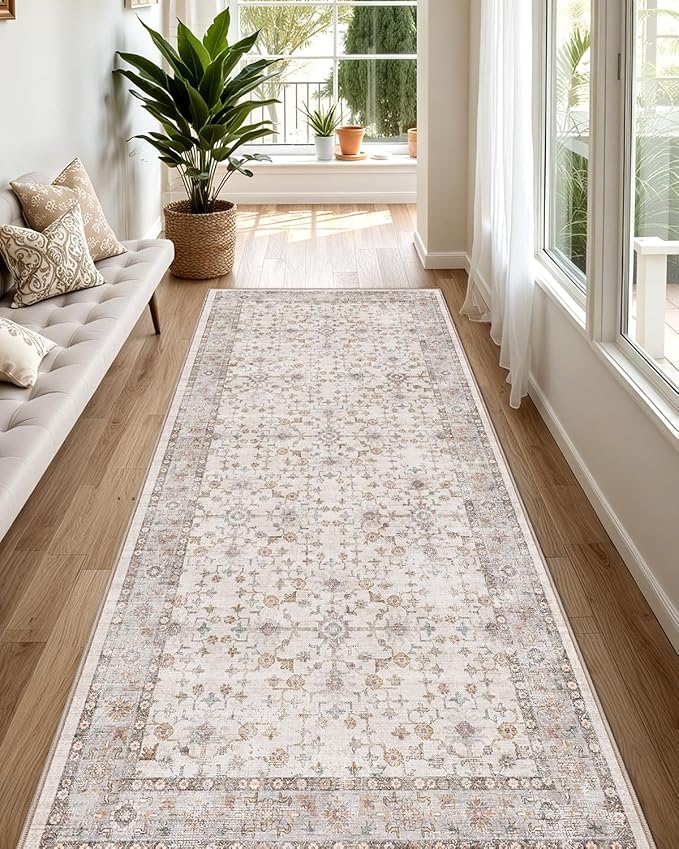 LUMI Runner Rug 3x10, Washable Non-Slip Hallway Throw Rugs, Long Soft Thin Vintage Oriental Kitchen Mats, Low-Pile Indoor Kitchen Entryway Area Rug, Beige