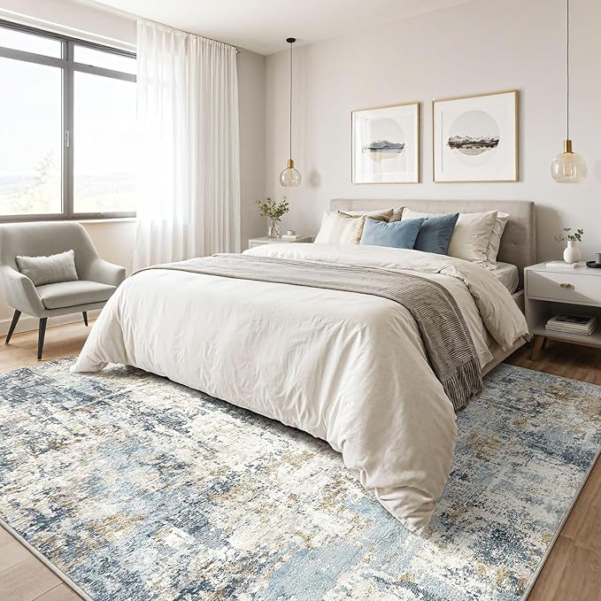 10x13 Area Rug Living Room: Washable Large Abstract Modern Soft Rugs Stain Resistant Indoor Floor Non Slip Accent Carpet for Bedroom Nursery Playroom Office Dining Room Dorm Home House- Light Blue