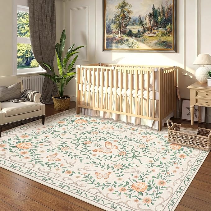 GarveeHome 3x5 Small Area Rug for Bedroom Floral Washable Rugs Non Slip Stain Resistant Living Room Throw Carpet Low Pile Dining Room Beige Area Rug Butterfly Bow Rugs for Nursery Home Decor, 3x5