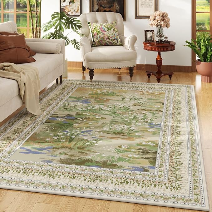 Rugcomf 6x9 Area Rugs Impressionist-Style Vintage Washable Rug Non Slip Low Pile Large Rug for Living Room Bedroom Farmhouse Dining Room Kids Playroom, Beige