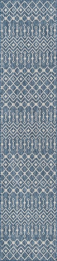 Unique Loom Outdoor Trellis Collection Area Rug - Tribal Trellis (2' 7" x 12' Runner, Blue/ Ivory)