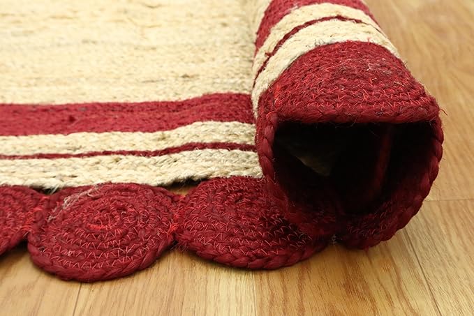 2.6x4 Oval Jute Runner – Handmade Boho Flatweave Kilim Rug, Solid Red Beige, 0.27" Thick, Hand Braided Natural Jute Carpet for Indoor Outdoor Kitchen, Entryway