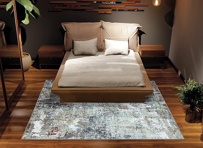 Bloom Rugs Washable Non-Slip 3' x 5' Rug - Gray/Red/Brown Modern Abstract Area Rug for Living Room, Bedroom, Dining Room, and Kitchen - Exact Size: 3' x 5'