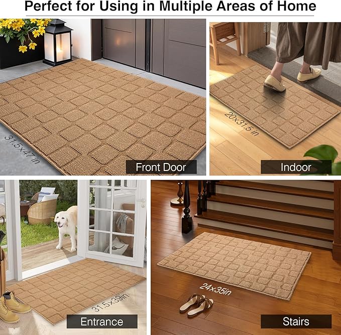 Front Door Mat Outside Entrance, Outdoor Indoor Door Mats for Entryway, Entrance, Entry, Patio, Waterproof Non Slip Doormat, Low-Profile, 20" × 31.5“, Brown