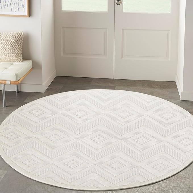 Nourison Home Versatile Ivory White 4' x Round Area Rug - Easy Clean, Non Shedding, Bed Room, Living Room, Dining Room, Kitchen (4' x Round)