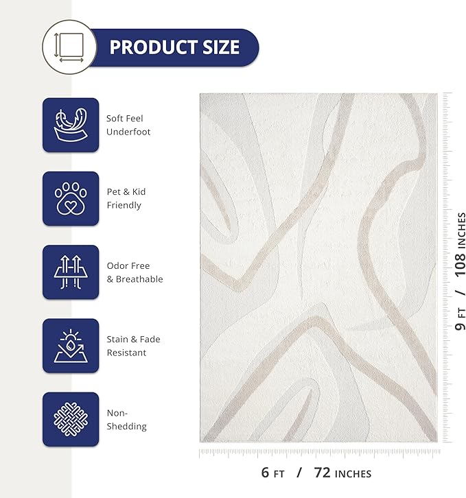 Abani Nomad Cream & Beige Area Rug 6' x 9' for Living Room, Bedroom - Chic Abstract Pattern - Durable & Easy to Clean