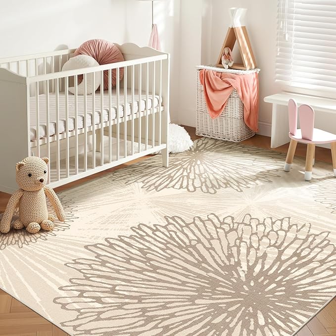 WITSHOCK 9x12 Area Rugs for Living Room: Beige Floral Washable Rugs for Bedroom Dining Room Office Nursery Modern Non-Slip Stain Resistant Low Pile Home Decor（Beige/Brown,9'x12'）