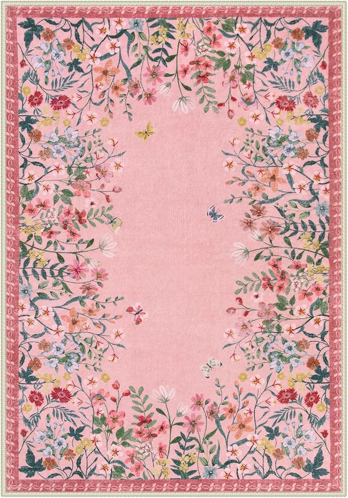 Wonnitar Washable Rug, 5x7 Pink Rugs for Living Room, Floral Print Non-Slip Area Rugs for Bedroom Girls, Soft Large Throw Carpet for Kids Nursery Room (Pink,5'x7')