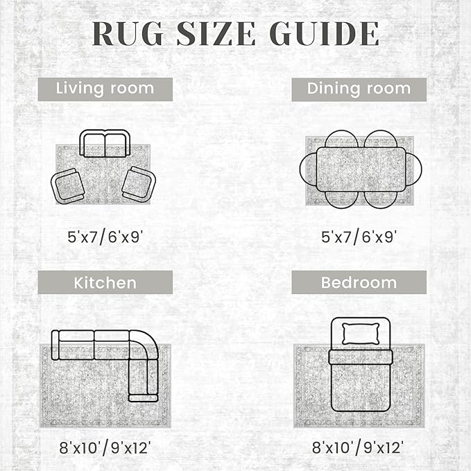 8x10 Area Rugs for Living Room: Washable Large Vintage Floral Rug Low Pile Non-Slip Boho Carpet for Bedroom Dining Home Office (Grey, 8'x10')