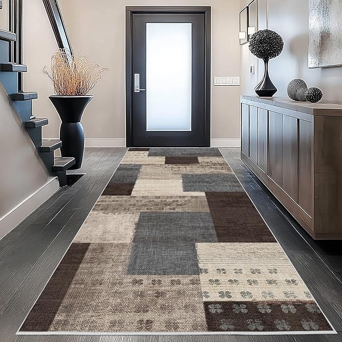 Modern Geometric Patchwork Indoor Runner Rug for Living Room, Blue-Taupe 2.7'x 10' Rug Rockwood Collection Hardwood Floors Decor for Bedroom, Blue Throw Carpet for Office Entryway Dining Room