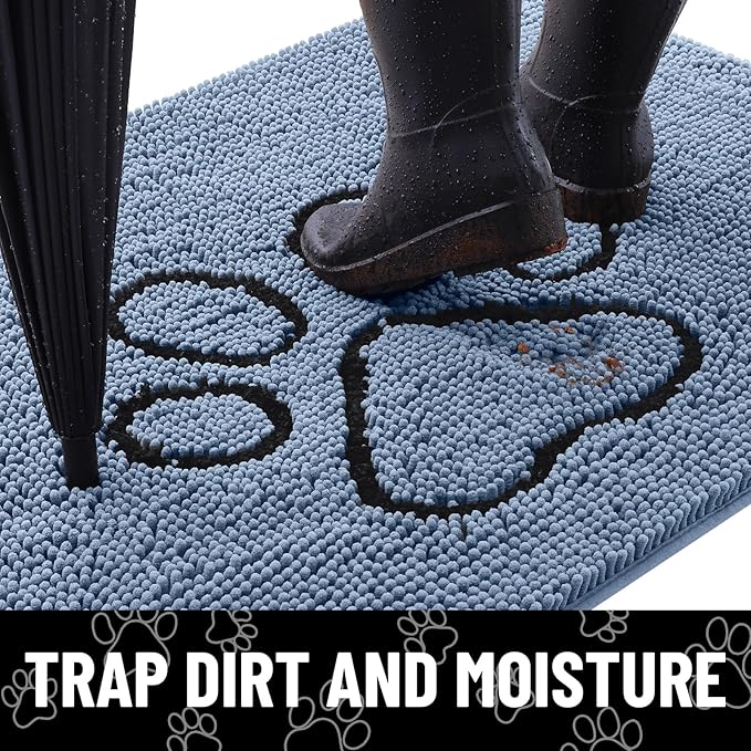 Smiry Dog Door Mat for Muddy Paws, Absorbent Dirt Trapper Non Slip Quick Dry Washable Chenille Mat for Mud Dogs, Entry Rug for Indoor and Outdoor (40x32 Inches, Airy Blue and Black)