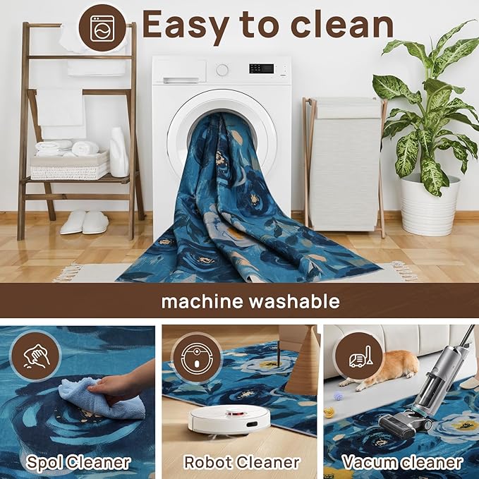 5x7 Camellia Floral Rugs, Modern Washable Flower Pattern Area Rug for Bedroom, Soft Large Non-Slip Kitchen Carpet Floor Door Mat for Living Room Dining Room Office - Navy Blue