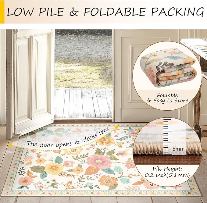 Floral 2x3 Area Rug Machine Washable Soft Print Boho Carpet Non Slip Doormat Low Pile Flower Area Rugs for Living Room Bedroom Nursery Kitchen Dining Room Indoor-Beige/White/Orange
