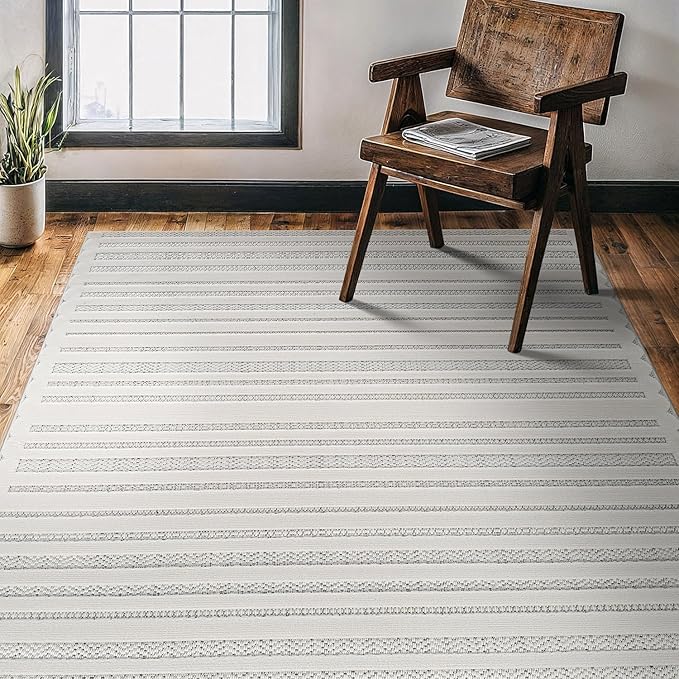 CAMILSON Modern Rug 6x9 Luxury Striped Line Micro Loop Area Rugs Soft High-Low Pile Stain Resistant Easy to Clean Non-Shedding Durable Living Room Bedroom Indoor Carpet (White)