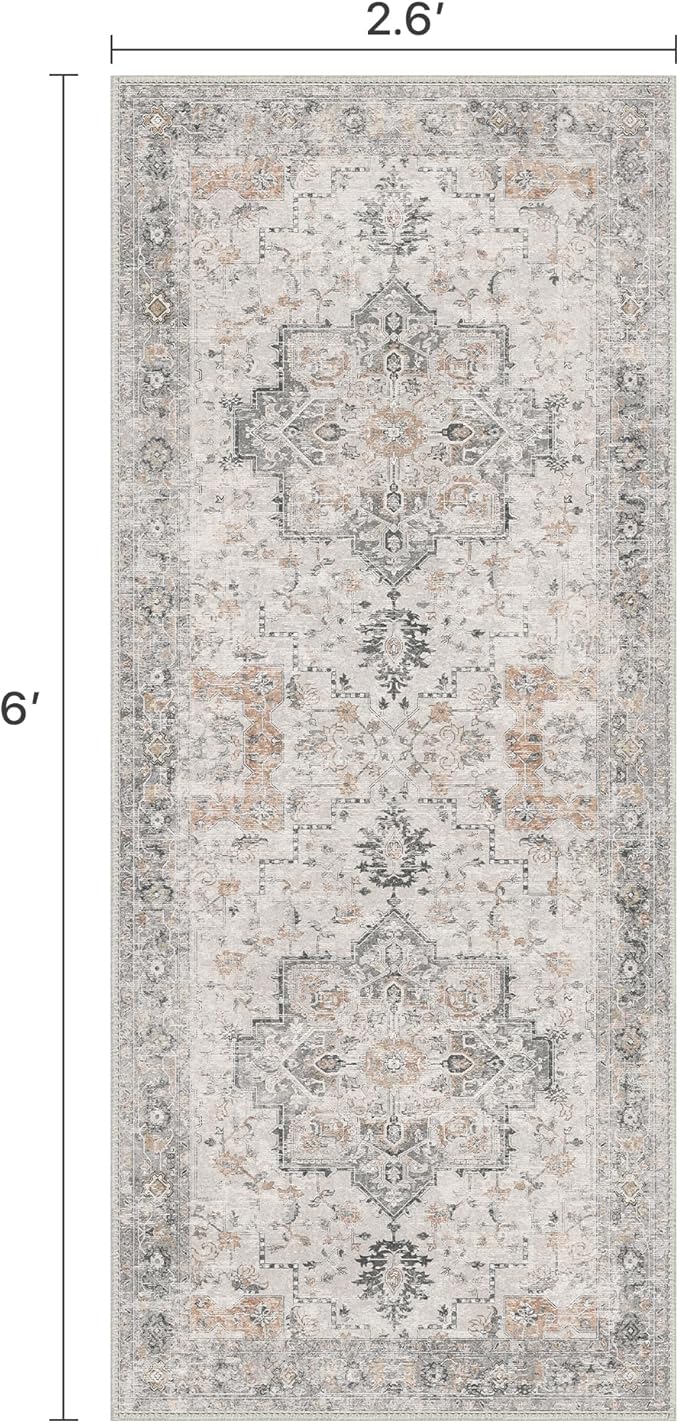 Runner Rug 2'6''x6 Non Slip Machine Washable Vintage Hallway Runner Rug, Low PileLight Weight Rugs for Entryway, Hallway, Kitchen and Corridor, Light Taupe Brown