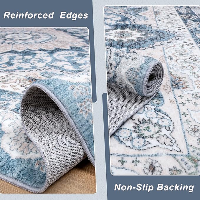 3x5 Area Rug for Bedroom, Machine Washable Rugs with Non-Slip Backing for Living Room, Soft Vintage Carpet Kitchen Laundry Kids Room Decor, Blue & Beige