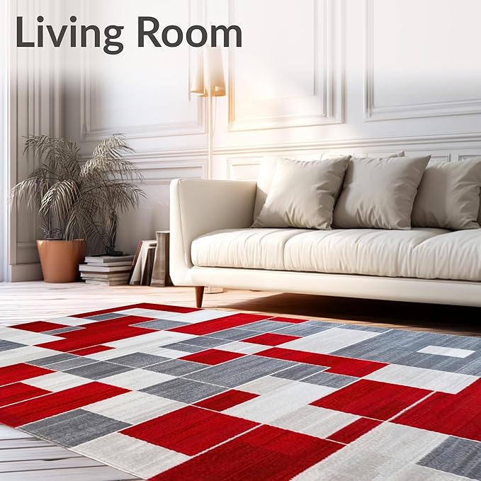 Flatwoven High Traffic Area Rug 6x9, Waterproof Patio with Anthracite Accents, Non Slip, Stain Resistant, Washable Area Rugs for Living Room, Bedroom (Red, 6x9)