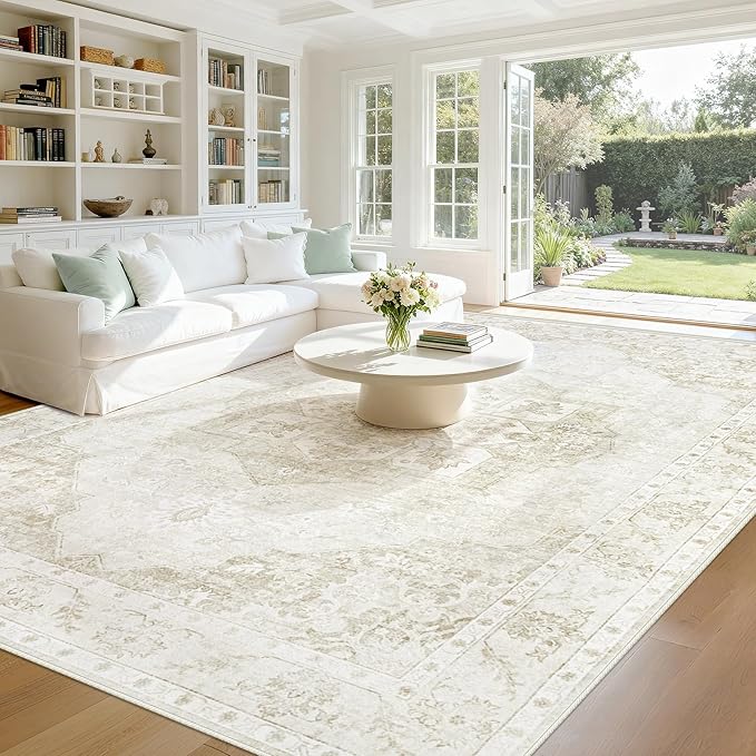 9x12 Area Rugs Washable Rugs for Living Room, Large Vintage Boho Rug Non-Slip Soft Floral Distressed Rug Low Pile Stain Resistant Carpet for Bedroom Nursery Office Dining Room Farmhouse(Beige, 9'x12')