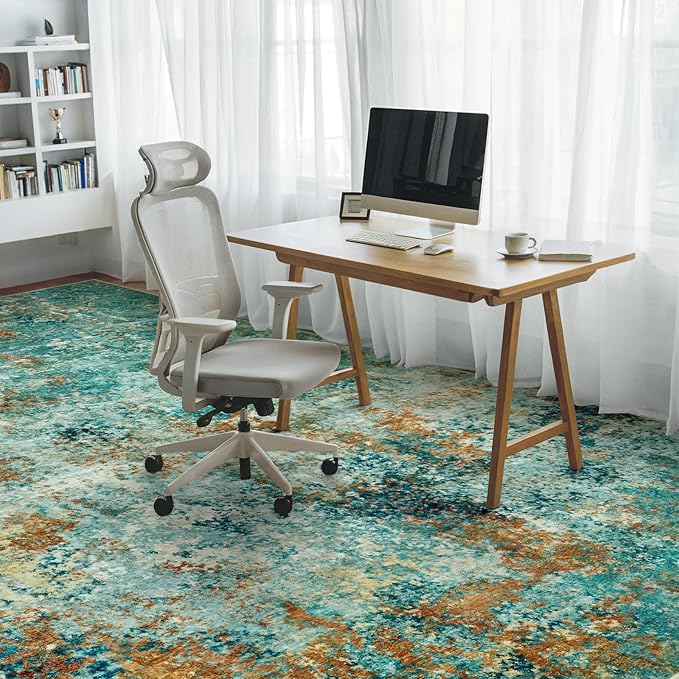 Washable Area Rug 5x7 - Neutral Modern Abstract Rugs, Soft Non Slip Thin Carpet with for Bedroom, Under Dining Room Table, Home, Office, Dorm, Office Rolling Chair - Teal Brick