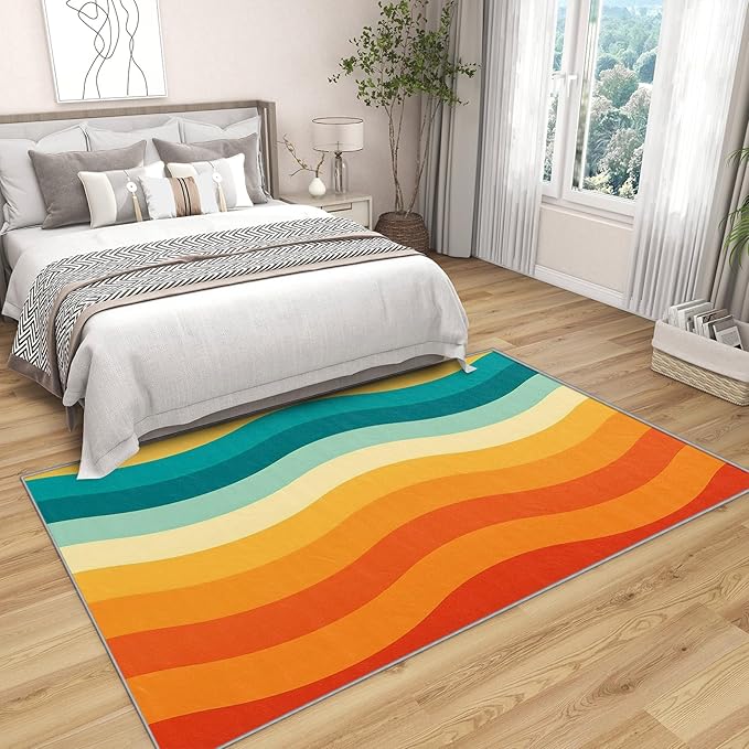 70s Rugs for Bedroom - 8x10 Area Rugs, Retro 70s Living Room Rug, Vintage Abstract Wave Rug for Bedroom, Colorful Groovy Washable Carpet, Retro Swirl Striped Home Decor & Gifts