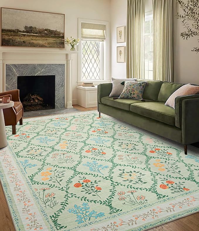 YIHOUSE Green Floral Print Rugs, Moroccan Trellis 10x14 Washable Large Rug, Modern Pastel Non Slip Ultra-Thin Area Rug for Classroom, Nursery Playroom,Dorm,Bedroom,Living Room, Green Multi