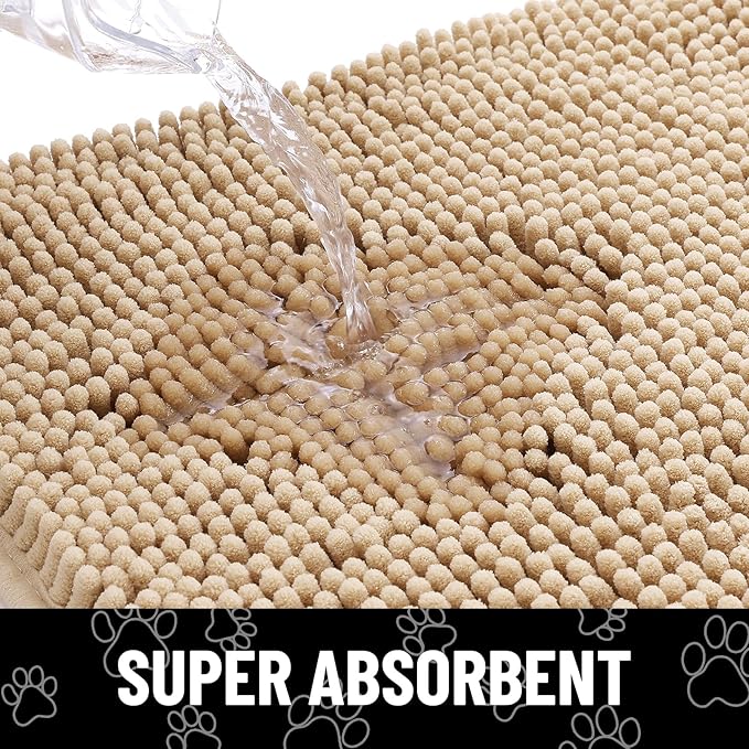 Smiry Dog Door Mat for Muddy Paws, Absorbent Dirt Trapper Non Slip Quick Dry Washable Chenille Mat for Mud Dogs, Entry Rug for Indoor and Outdoor (40x32 Inches, Beige and White)