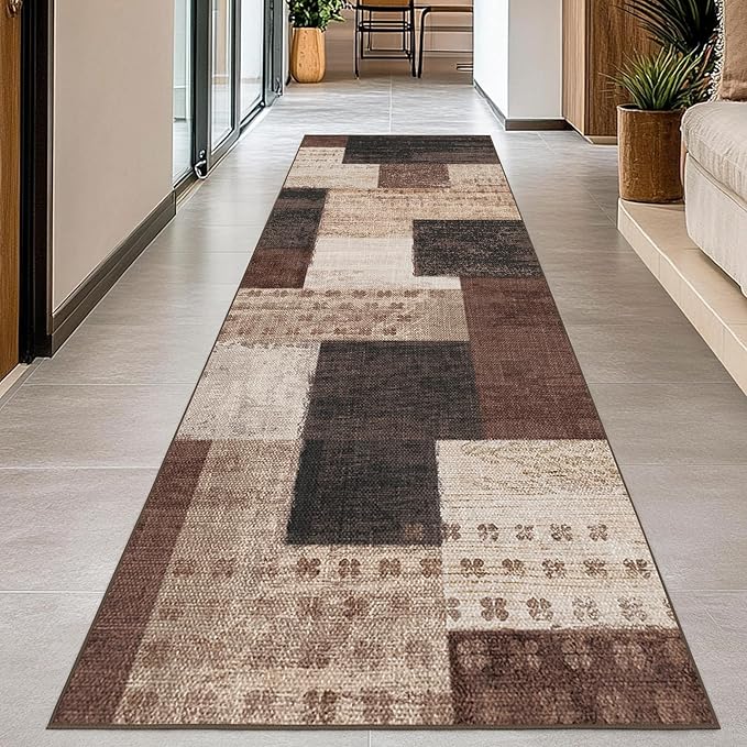 Modern Geometric Patchwork Indoor Runner Rug for Living Room, Chocolate 2'x 6' Rug Rockwood Collection Hardwood Floors Decor for Bedroom, Brown Throw Carpet for Office Entryway Dining Room