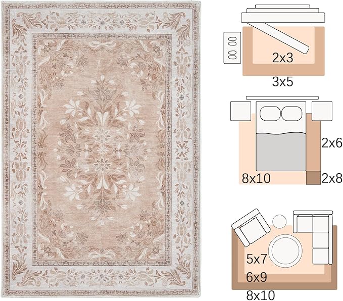 jinchan Vintage Floral 3x5 Area Rugs for Entryway - Machine Washable Distressed Design Ultra-Thin Low-Pile Soft Non-Shedding Carpet for Kitchen Bedroom Entrance Laundry Living Room (3x5ft, Coral Pink)