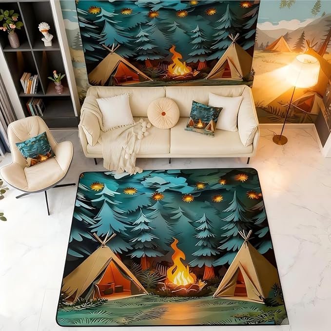 Camping Large Area Rug 5x7 Woodland Camp Living Room Rug | Vintage Camfire Tent Rugs for Bedroom, Camper Decor Rustic Carpet Indoor Floor Mat,Farmhouse Decor