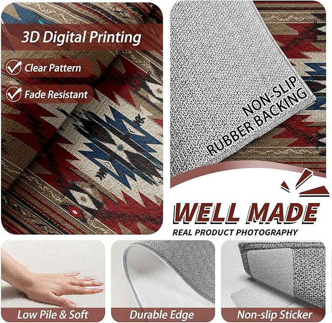 4x6 Rug Washable - Navajo Rug for Bedroom, Southwestern Tribal Ethnic Rustic Cabin Non Slip Low Pile Area Rugs for Living Room Laundry, Navajo Carpet Room Decor & Gifts