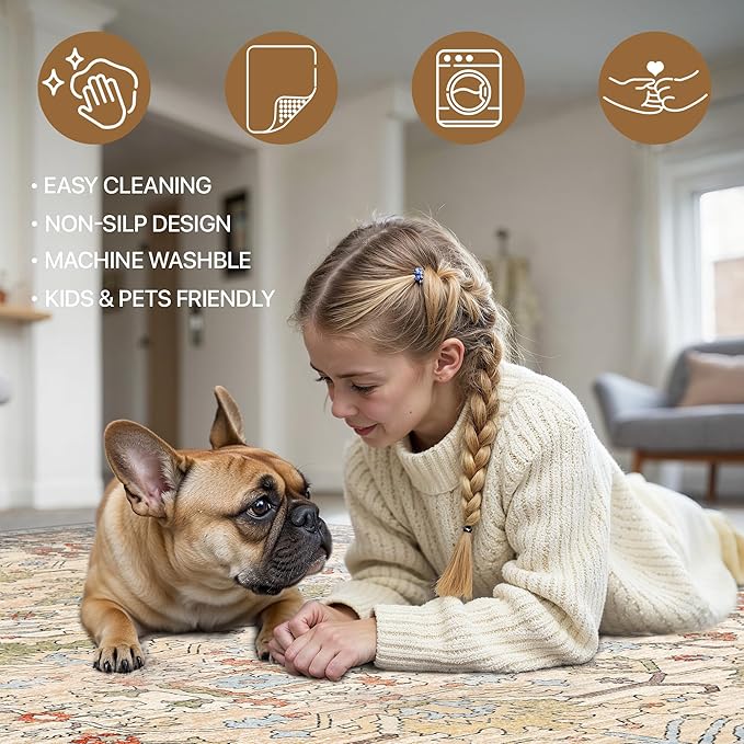 Bavni 5x7 Washable Area Rug Clearance for Living Room Rug Bedroom, Non-Slip, Boho Vintage Rugs Chenille Printed Low Pile for Dinning Room Homeoffice, Ivory/Teal