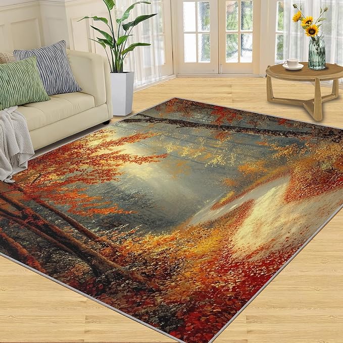 8x10 Autumn Forest Rugs for Living Room - Natural Landscape Large Area Rug, Forest Path Modern Boy Nursery Rug Soft Washable for Classroom Office Bedroom Kids Room