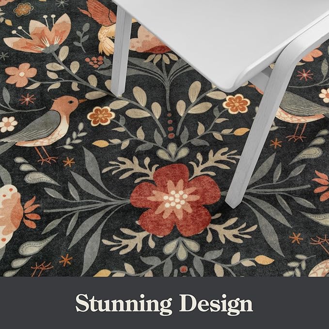 Moynesa 3x5 Entryway Rug Indoor, Modern Transitional Washable Non-Slip Low Pile Black Area Rug for Bedroom Kitchen Entry,Lightweight Foldable Farmhouse Floral Bird Carpet Folk Art Home Decor