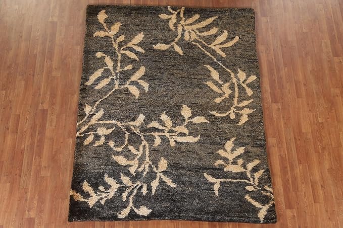 Rug Source Modern Collection 5x7 Area Rug, Hand Knotted Black Floral Rug, Oriental Jute Carpet for Bedroom, Living Room, Dining Room