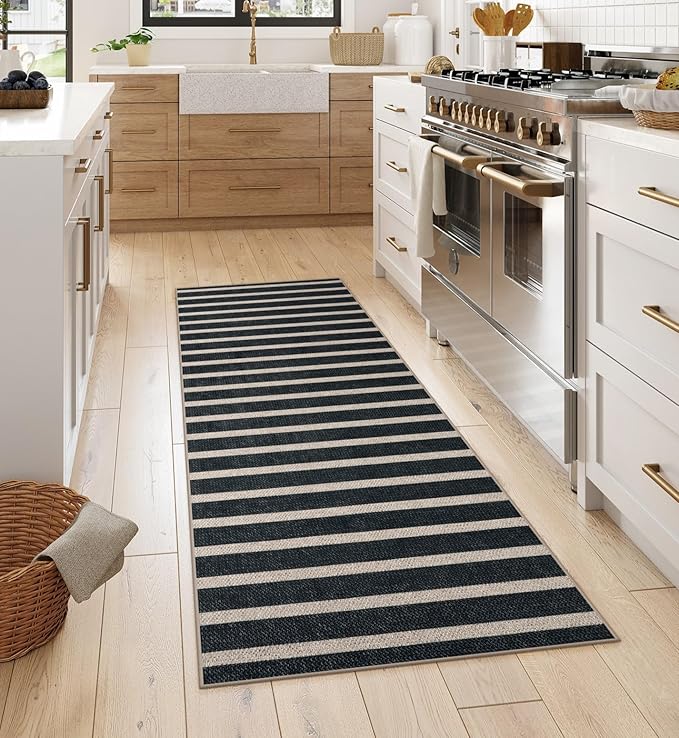 Lahome Striped Easy Jute Kitchen Runner, 2x6 Washable Rug Runners for Hallways Non Slip Entryway Rug, Farmhouse Neutral Indoor Outdoor Black Carpet for Laundry Room Front Porch